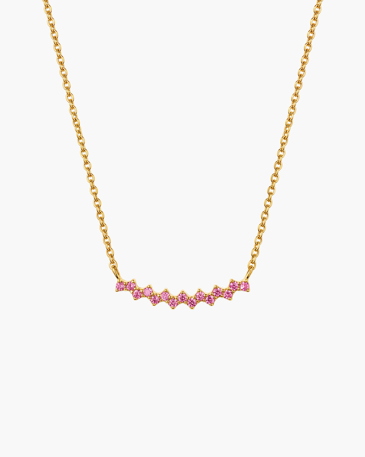 Aria Necklace in rose, curved gold-tone bar set with a row of pink round stones, on a cable chain