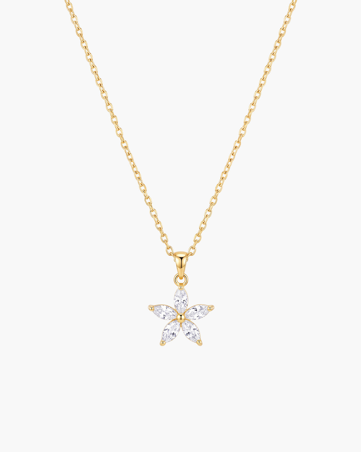 Fleur Necklace, five-petal flower pendant of marquise clear stones on a gold-tone cable chain, on white