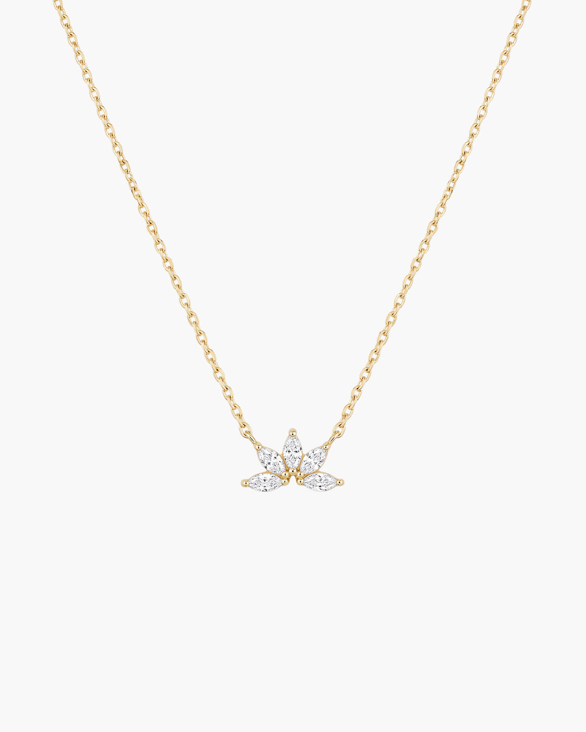 Lotus Necklace, lotus-shaped pendant of five marquise clear stones set in gold-tone, on a fine chain