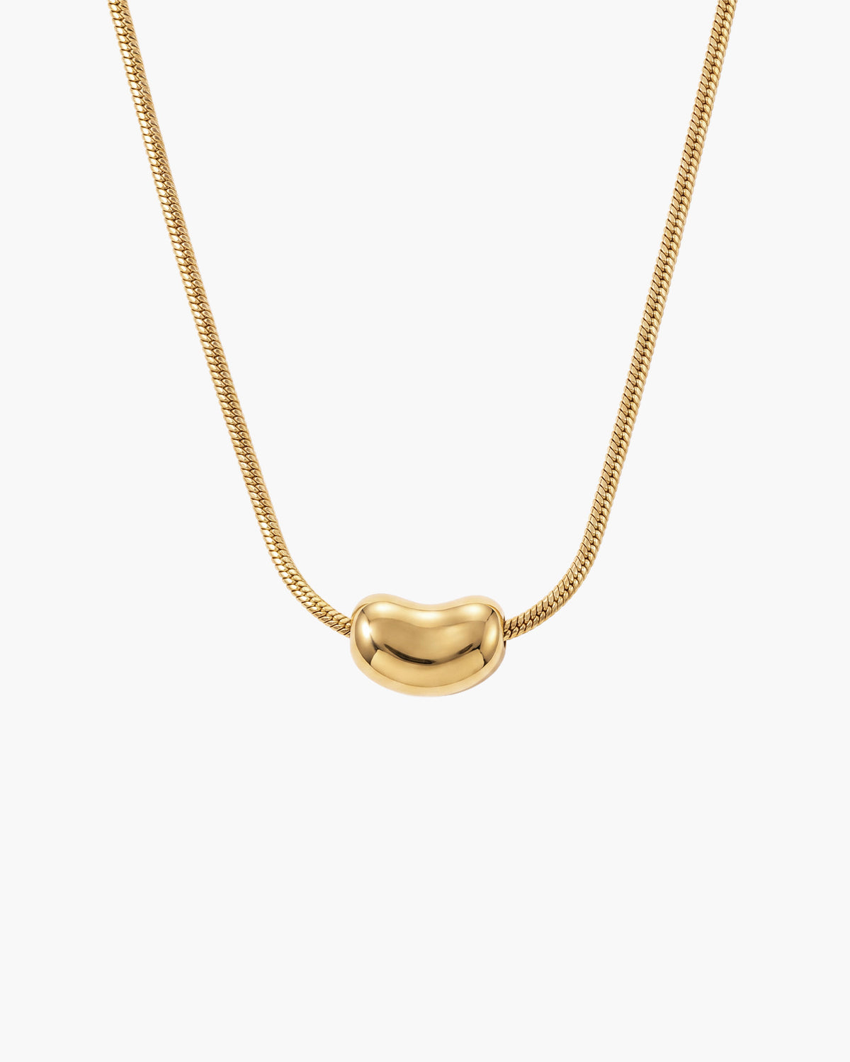 Nova Necklace, polished gold-tone bean-shaped pendant on a round snake chain, on white