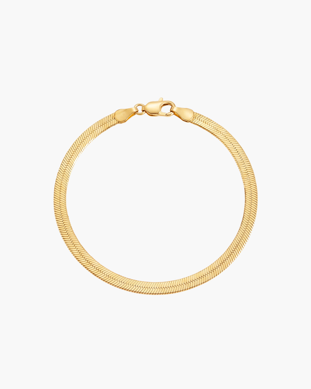 Viviana Snake Bracelet, flat gold-tone herringbone chain with lobster clasp, laid flat on white